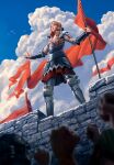  4boys armor blonde_hair blue_sky cloud cloudy_sky european_clothes flag gwent_(game) highres multiple_boys non-web_source pauldrons raised_fist shoulder_armor sky standing stone_wall the_witcher_(series) vambraces wall 