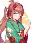  1girl ;) bangs bow brown_hair circle collarbone doki_doki_literature_club eyelashes floral_print flower green_eyes green_kimono hair_bow hair_flower hair_ornament hands_up highres japanese_clothes kimono light_blush light_smile lips long_hair looking_to_the_side monika_(doki_doki_literature_club) multicolored_background obi one_eye_closed own_hands_together ponytail red_flower sascha517 sash sidelocks simple_background smile solo standing striped striped_kimono upper_body very_long_hair white_background white_bow yellow_background 