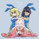  3girls andou_(girls_und_panzer) animal_ears asitubokusoita bare_shoulders bc_freedom_(emblem) black_hair black_pantyhose blonde_hair blue_bow blue_bowtie blue_eyes blue_leotard bow bowtie breasts brown_eyes chinese_zodiac closed_eyes closed_mouth collar commentary covered_navel dark-skinned_female dark_skin detached_collar drill_hair emblem facing_viewer fake_animal_ears folding_fan furisode girls_und_panzer grey_background hair_ornament hand_fan hand_on_hip highres holding holding_fan japanese_clothes kimono leotard long_hair looking_at_viewer medium_breasts medium_hair multiple_girls new_year oshida_(girls_und_panzer) pantyhose pink_kimono playboy_bunny rabbit_ears simple_background smile strapless strapless_leotard translated white_collar year_of_the_rabbit 