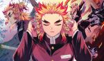  1boy aged_down battle black_pants blonde_hair blood blood_on_hands cape clothes_writing colored_tips crescent_moon demon_slayer_uniform dog facing_away facing_viewer fire flame_print forked_eyebrows half_updo hands_up highres katana kimetsu_no_yaiba long_sleeves looking_away male_focus medium_hair mobichi moon motion_blur multicolored_hair multiple_views outstretched_arms pants pants_tucked_in partially_colored portrait profile red_hair rengoku_kyoujurou shin_guards shoe_soles streaked_hair sword waraji weapon white_cape 