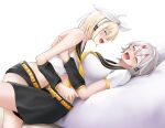  2girls :d ^_^ azur_lane bare_arms bare_shoulders blonde_hair character_request closed_eyes commentary_request cosplay crop_top grey_hair headphones highres horns jakqbigone kagamine_len kagamine_len_(cosplay) kagamine_rin kagamine_rin_(cosplay) midriff multiple_girls open_mouth shirt short_hair short_sleeves sleeveless sleeveless_shirt smile thighs vocaloid white_background white_shirt 