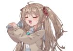  1girl :d =_= absurdres ahoge blush bow bowtie brown_cardigan brown_hair cardigan closed_eyes green_bow green_bowtie grey_sailor_collar grey_skirt hands_up highres holding holding_microphone indie_virtual_youtuber light_brown_hair live2d_inc. long_hair microphone momose_hiyori music neuro-sama open_mouth rune_(dualhart) sailor_collar school_uniform serafuku sidelocks singing skirt smile transparent_background two_side_up upper_body white_serafuku 