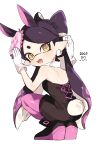  1girl 2023 animal_ears bad_id bad_twitter_id bangs black_footwear black_hair black_jumpsuit boots bunny_pose callie_(splatoon) chinese_zodiac collar commentary cross-shaped_pupils detached_collar earrings fake_animal_ears fake_tail fangs food food_on_head from_behind full_body gloves gradient_hair highres ika_esu jewelry jumpsuit long_hair looking_at_viewer looking_back mole mole_under_eye multicolored_hair new_year object_on_head open_mouth pantyhose pointy_ears purple_hair purple_pantyhose rabbit_ears rabbit_tail short_jumpsuit simple_background smile solo splatoon_(series) splatoon_1 squatting strapless sushi swept_bangs symbol-only_commentary symbol-shaped_pupils tail tentacle_hair very_long_hair white_background white_collar white_gloves year_of_the_rabbit yellow_eyes 