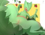  absurd_res anthro anus blush butt eryz female food fruit generation_3_pokemon genitals green_body hi_res holding_object looking_at_viewer nintendo open_mouth plant pokemon pokemon_(species) pussy sceptile solo strawberry yellow_eyes 