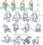  absurd_res alligator alligatorid anthro bottomwear brok_(character) brok_the_investigator clothing concept_art crocodilian english_text glassesgator hat headgear headwear hi_res male multiple_poses official_art pants pose reptile scalie shirt sketch slightly_chubby solo text topwear walking 