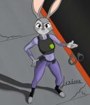  3_toes 4_fingers absurd_res anthro clothed clothing cuff_(restraint) disney eyebrows feet female fingers fur grey_body grey_fur grey_nose handcuffs happy hi_res judy_hopps lagomorph leporid luxivox mammal metal_cuffs outside rabbit raised_eyebrow restraints shadow signature solo toes zootopia 
