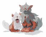  black_eyes bright_pupils claws closed_mouth commentary evolutionary_line fangs highres hisuian_arcanine hisuian_growlithe looking_down mokuzou_(moku_ssbu) no_humans open_mouth pokemon pokemon_(creature) sitting symbol-only_commentary tongue tongue_out white_background white_pupils 