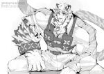  1boy arknights bara ben-day_dots chinese_commentary commentary_request dated furry furry_male greyscale highres looking_at_viewer male_focus monochrome mountain_(arknights) multiple_scars scar scar_across_eye scar_on_face screentones sitting solo tiger_boy torn_clothes weibo_logo white_background yanoap 