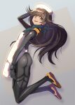  1girl apron ass black_bodysuit blue_neckerchief bodysuit breasts brown_eyes brown_hair commentary_request evangelion:_3.0+1.0_thrice_upon_a_time from_side full_body hat highres long_hair neckerchief neon_genesis_evangelion open_mouth plugsuit rebuild_of_evangelion skin_tight small_breasts smile solo suzuhara_sakura syope 