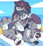  anthro bikini black_pawpads blue_hair clothed clothing daughter duo felid female fuf fur hair hi_res mammal mother mother_and_child mother_and_daughter navel one-piece_swimsuit one_eye_closed pantherine parent parent_and_child pawpads purple_hair snow_leopard spots spotted_body spotted_fur spread_legs spreading swimwear tail 