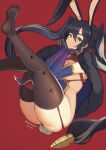  1girl :/ absurdres animal_ears ass black_hair black_hairband breasts brown_thighhighs cape carrot_hair_ornament closed_mouth elbow_rest erotanuki fake_animal_ears feet floating_hair food-themed_hair_ornament foot_out_of_frame fur-trimmed_cape fur_trim garter_straps genshin_impact green_eyes hair_ornament hairband head_rest highres legs legs_up long_hair looking_at_viewer medium_breasts mona_(genshin_impact) no_shirt no_shoes own_hands_together pelvic_curtain playboy_bunny rabbit_ears red_background revealing_clothes simple_background skindentation soles solo thick_thighs thighhighs thighs toes twintails very_long_hair 