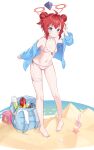  1girl absurdres barefoot beach bikini blue_archive blue_eyes breasts double_bun full_body hair_bun halo highres kiko_bomb looking_at_viewer maki_(blue_archive) navel ocean red_hair sand simple_background small_breasts solo standing striped striped_bikini swimsuit toes white_background 