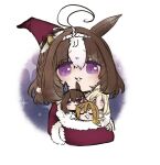  4girls :3 @_@ admire_vega_(umamusume) ahoge animal_ears blonde_hair braid brown_hair chibi christmas_stocking horse_ears japanese_clothes long_sleeves looking_at_viewer mame_nabe_donko meisho_doto_(umamusume) multicolored_hair multiple_girls narita_top_road_(umamusume) open_mouth orange_hair purple_eyes raised_eyebrows santa_costume single_braid t.m._opera_o_(umamusume) two-tone_hair umamusume upper_body 