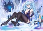  1girl absurdres bangs black_thighhighs blue_dress blue_gloves blue_hair blush bottle breasts center_opening cleavage crossed_bangs dress elbow_gloves full_body gloves hair_between_eyes half-closed_eyes highres hololive long_hair no_shoes parted_lips sherryqq sitting soles solo thighhighs tray twintails very_long_hair virtual_youtuber yellow_eyes yukihana_lamy 