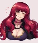  1girl ;) artist_name bangs black_bodysuit black_cape blush bodysuit breasts cape choker cleavage closed_mouth commentary cropped_torso english_commentary evomanaphy fire_emblem fire_emblem_engage gold_trim heart highres large_breasts long_hair looking_at_viewer one_eye_closed pink_choker red_eyes red_hair simple_background smile solo star_(symbol) yunaka_(fire_emblem) 