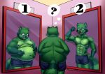  absurd_res altered_reflection anthro back_fat belly_poke blue_boxer_briefs blue_clothing blue_underwear boxer_briefs clothing comparing double_chin fat_shaming flexing_bicep fred_(fredrick_brennan) fur green_body green_fur group hi_res holding_belly huge_filesize looking_at_belly male mammal mirror muffin_top muscular obese obese_anthro obese_male osahar_cat_(artist) overhanging_belly overweight overweight_anthro overweight_male poking procyonid question question_mark raccoon rear_view reflection size_difference thought_bubble trio underwear 
