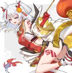  arknights bare_legs bare_shoulders dragon_girl dragon_horns flower grey_background hair_flower hair_ornament highres horns mabing nian_(arknights) purple_eyes red_horns simple_background white_background white_hair 