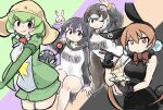  4girls african_penguin_(kemono_friends) alisa_southerncross black_eyes black_hair bow bowtie cherushi_2 gloves green_hair hat hood hoodie humboldt_penguin_(kemono_friends) jacket kemono_friends kemono_friends_3 kemono_friends_v_project keroro_(kemono_friends) keroro_gunsou long_hair looking_at_viewer multiple_girls orange_hair playboy_bunny red_eyes shirt short_hair simple_background skirt star_(symbol) virtual_youtuber 