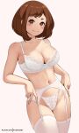  1girl absurdres blush boku_no_hero_academia bra breasts brown_eyes brown_hair cleavage closed_mouth collarbone commentary english_commentary highres hioyami large_breasts lingerie looking_at_viewer navel panties patreon_username short_hair simple_background smile solo thick_eyebrows thighhighs thighs underwear uraraka_ochako white_bra white_garter_belt white_garter_straps white_panties white_thighhighs 
