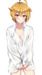  1girl ahoge bangs blonde_hair blush breasts cleavage dress_shirt eyebrows_hidden_by_hair hair_between_eyes highres ibuki_tsubasa idolmaster idolmaster_million_live! lkskorea4 looking_at_viewer open_clothes red_eyes shirt short_hair shy smile solo white_shirt 