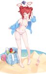  1girl :d ^_^ absurdres barefoot beach bikini blue_archive breasts closed_eyes double_bun full_body hair_bun halo highres kiko_bomb maki_(blue_archive) navel ocean red_hair sand simple_background small_breasts smile solo standing striped striped_bikini swimsuit toes white_background 