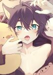  1boy absurdres animal_ears areola_slip bishounen blue_eyes blush brown_cardigan brown_hair cardigan highres holding holding_stuffed_toy looking_at_viewer male_focus no_shirt open_cardigan open_clothes open_mouth original stuffed_chicken stuffed_toy tatsu_wan tearing_up teeth upper_body 