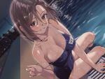  1girl asmr blue_one-piece_swimsuit breasts brown_eyes brown_hair cleavage dutch_angle hand_up herio looking_at_viewer medium_breasts medium_hair name_tag night one-piece_swimsuit original outdoors pool poolside school_swimsuit sitting soaking_feet solo swimsuit wet 