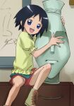  1girl :d black_hair blue_eyes drawer haruyama_kazunori holding kuromajo-san_ga_tooru!! kurotori_chiyoko looking_at_viewer open_mouth panties pantyshot picture_frame short_hair shorts sitting smile solo underwear upskirt white_panties 