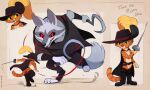  2023 anthro artist_name aseethe battle belt boots canid canine canis cheek_tuft chest_tuft clothing death_(puss_in_boots) domestic_cat dreamworks duo english_text facial_tuft fangs featureless_crotch felid feline felis footwear fur green_sclera grey_body grey_fur hat headgear headwear hi_res holding_object holding_weapon inner_ear_fluff male mammal melee_weapon open_mouth open_smile orange_body orange_fur orange_stripes puss_in_boots_(dreamworks) rapier red_sclera sharp_teeth simple_background smile standing striped_body striped_fur stripes sword tan_body tan_fur teeth text tuft weapon white_body white_fur wolf 