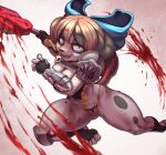  1girl :3 animal_ears animal_feet animal_nose animal_skull arm_up armor ass_visible_through_thighs bangs bikini_armor black_fur black_gloves black_hair black_shirt black_socks blonde_hair blood blood_on_face blood_splatter blue_bow blue_eyes body_fur bow breasts brown_fur cameltoe cleavage collarbone commentary dog_ears dog_girl dog_tail english_commentary feet fingerless_gloves full_body fur-trimmed_armor fur_trim furry furry_female gloves groin hair_bow half-closed_eyes hand_up happy highres hitmanatee holding holding_weapon jumping knee_pads long_sleeves looking_at_viewer medium_breasts multicolored_eyes multicolored_fur multicolored_hair open_mouth original outstretched_arm panties red_eyes sharp_teeth shirt short_hair shoulder_armor sidelocks single_knee_pad single_sleeve smile snout socks solo spotted_fur spread_legs stirrup_legwear streaked_hair string_panties tail tail_raised teeth thick_thighs thighs toeless_legwear toes two-tone_hair two-tone_shirt underwear vambraces weapon white_background white_fur wide_hips yellow_panties yellow_shirt 