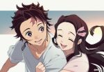  1boy 1girl alternate_costume brother_and_sister closed_eyes couple dalc_rose earrings forehead highres jewelry kamado_nezuko kamado_tanjirou kimetsu_no_yaiba long_hair open_mouth red_eyes red_hair scar scar_on_face shirt siblings t-shirt twitter_username white_shirt 