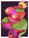  anthro areola big_areola big_breasts bird_wyvern blep breasts capcom curvy_figure female genitals head_feathers hi_res huge_breasts looking_at_viewer maccao monster_hunter myriadmood nipples purple_eyes pussy red_body solo tattoo thick_thighs tongue tongue_out voluptuous womb_tattoo 