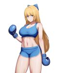  1girl absurdres bare_arms bare_shoulders blonde_hair blue_eyes blue_shorts blue_sports_bra bow boxing_gloves breasts cero_(last2stage) cleavage closed_mouth commission crop_top dolphin_shorts hair_bow hand_up highres large_breasts long_hair looking_at_viewer midriff navel original short_shorts shorts simple_background sleeveless solo sports_bra standing stomach thighs very_long_hair white_background 