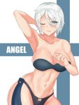  1girl absurdres angel_(kof) armpits breasts character_name cleavage highres large_breasts looking_at_viewer minori_(user_eket5233) navel one_eye_closed short_hair smile solo the_king_of_fighters white_eyes white_hair 