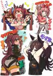  6+girls :d absurdres agnes_digital_(umamusume) agnes_tachyon_(umamusume) aircraft airplane alternate_hairstyle animal_ears appleq arm_up arms_behind_head ass bangs black_ribbon black_shirt blue_eyes bow breasts brown_eyes brown_hair bubble_blowing chewing_gum closed_eyes clothes_writing contrail crop_top cropped_legs cropped_torso daiwa_scarlet_(umamusume) ear_ribbon fang green_jacket grey_pants grin hair_between_eyes hair_bow hair_intakes hair_over_one_eye hair_ribbon hairband hand_in_own_hair headband heart heart_in_mouth highres horse_ears horse_girl horse_tail i_heart... jacket long_hair looking_at_viewer looking_back looking_down mayano_top_gun_(umamusume) midriff multiple_girls navel notice_lines own_hands_together pants pink_shirt ponytail red_bow red_eyes red_headband ribbon rice_shower_(umamusume) shirt short_hair short_shorts short_sleeves shorts small_breasts smile tail tail_through_clothes tied_shirt translation_request twintails tying_hair umamusume very_long_hair vodka_(umamusume) white_hairband white_ribbon white_shorts 