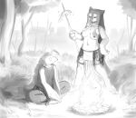  absurd_res anthro avian beak bird bottomwear breasts campfire clothed clothing duo english_text female fire fish_meat food forest fully_clothed greyscale hair hand_on_hip hi_res loincloth long_hair male meat monochrome nipples outside partially_clothed plant sketch stick text the-minuscule-task topless tree wide_eyed 