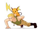  1boy bare_arms black_footwear blonde_hair blue_eyes boots brown_pants camouflage camouflage_pants closed_mouth dog_tags exercise green_shirt jaho male_focus pants pokemon pokemon_(creature) pokemon_(game) pokemon_hgss pokemon_on_back push-ups raichu shirt short_hair sleeveless sleeveless_shirt smile spiked_hair surge_(pokemon) sweat white_background 