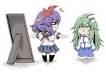  0_0 2girls alternate_costume breasts chibi green_hair hair_ornament hidefu_kitayan highres kochiya_sanae large_breasts long_hair looking_back mirror multiple_girls outstretched_arms purple_hair school_uniform short_hair sidelocks skirt thighhighs touhou triangle_mouth white_background yasaka_kanako 