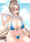  1girl absurdres asuna_(blue_archive) bangs bare_shoulders bikini blue_archive blue_bikini blue_eyes blue_sky blush breasts cleavage clothes_lift collarbone comichipota grin hair_bun hair_over_one_eye halo highres large_breasts light_brown_hair long_hair looking_at_viewer navel shirt_lift single_hair_bun sky smile solo swimsuit thighs wet 