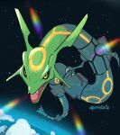  above_clouds black_sclera claws cloud colored_sclera commentary dragon eastern_dragon fang fangs juan_(apamaate) looking_at_viewer no_humans pokemon pokemon_(creature) rayquaza signature skin_fang solo space yellow_eyes 