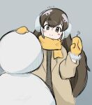  1girl african_penguin_(kemono_friends) black_eyes black_hair cherushi_2 closed_mouth coat earmuffs gloves grey_background highres kemono_friends kemono_friends_v_project long_hair looking_at_viewer penguin_girl scarf simple_background snowman solo virtual_youtuber yellow_gloves yellow_scarf 