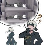  1boy 1girl ahoge ass barley_juice black_blindfold black_choker black_dress black_gloves black_jacket blindfold breasts buttons choker commentary covered_eyes double-breasted dress english_commentary feather-trimmed_sleeves gloves highres huge_ass huge_breasts imagining jacket long_sleeves nier_(series) nier_automata short_hair simple_background thinking upper_body white_background white_hair yorha_no._2_type_b yorha_no._9_type_s 