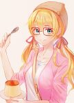  1girl blonde_hair blue_eyes brown-framed_eyewear brown_headwear caramel cardigan closed_mouth collarbone commentary creme_caramel food glasses hair_between_eyes hair_ribbon highres holding holding_plate holding_spoon licking_lips looking_at_viewer low_twintails original pink_cardigan pink_ribbon plate pudding ribbon shirt simple_background sleeves_past_elbows smile solo spoon strap t-shirt tongue tongue_out twintails uni_sirasu upper_body wavy_hair white_background white_shirt 