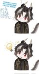  1boy 1girl :d ^^^ arknights bangs black_cloak black_hair blush chong_yue_(arknights) cloak closed_eyes closed_mouth cropped_torso dragon_boy dragon_horns dragon_tail grey_hair head_tilt highres horns light_bulb ling_(arknights) multicolored_hair nose_blush parted_bangs red_eyes simple_background smile streaked_hair sweat tail translation_request upper_body white_background zuo_daoxing 