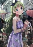  1girl bare_shoulders black_ribbon blue_eyes blush bracelet collarbone commentary cowboy_shot dress floral_print frilled_dress frills green_hair hair_ribbon highres holding holding_umbrella idolmaster idolmaster_million_live! jewelry long_hair looking_at_viewer outdoors parted_lips puddle purple_dress rain ribbon shimabara_elena smile sonsoso transparent transparent_umbrella umbrella water_drop 