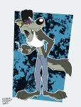  absurd_res bottomwear canid canine canis clothing denim denim_clothing doodledoggy grin hi_res jeans mammal pants paws piercing smile toony wolf 