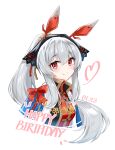  1girl absurdres animal_ears arknights bangs blue_cape blush bow breasts cape closed_mouth cropped_torso dated dress grey_hair happy_birthday heart highres lalihop long_hair looking_at_viewer official_alternate_costume ponytail red_bow red_dress sidelocks small_breasts smile solo upper_body weedy_(arknights) weedy_(candy_cape)_(arknights) 