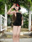  black_dress black_hair blue_eyes brown_bag cellphone dress feet_out_of_frame hair_between_eyes highres holding holding_phone hong_doo kill_la_kill matoi_ryuuko multicolored_hair one_eye_covered open_mouth outdoors phone photo_background red_hair selfie short_hair smartphone standing streaked_hair teeth upper_teeth_only 