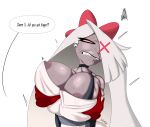  absurd_res anthro areola big_breasts breast_fondling breast_grab breast_play breast_squish breasts clothed clothing demon dialogue disembodied_hand duo erect_nipples eyelashes female fondling genitals glistening grey_body hair hair_over_eye half-closed_eyes hand_on_breast hazbin_hotel hi_res huge_breasts humanoid long_hair looking_at_viewer mammal narrowed_eyes nipples nude one_eye_obstructed plump_labia pubes pussy shaded sitting solo squish teeth vaggie_(hazbin_hotel) white_hair yamathegod 