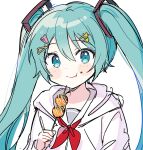  1girl bangs closed_mouth food food_on_face green_eyes grey_hair hair_between_eyes hair_ornament hairclip hairpin hatsune_miku holding holding_food hood hood_down jacket neck_ribbon pjmiyo red_ribbon ribbon solo twintails vocaloid white_background white_jacket 